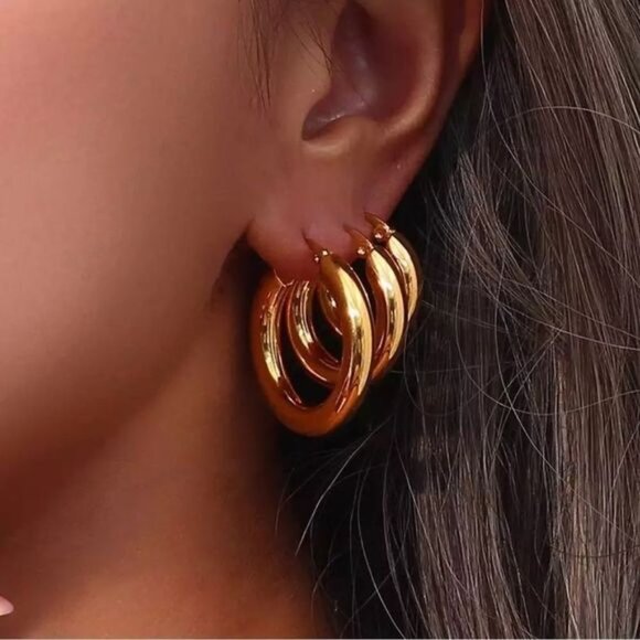 Wide Gold Plated Hoop Earrings - Picture 1 of 5